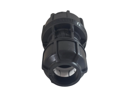 A black plastic threaded connector fitting, likely a hose or pipe coupler, shown from a front-facing perspective on a solid white background.