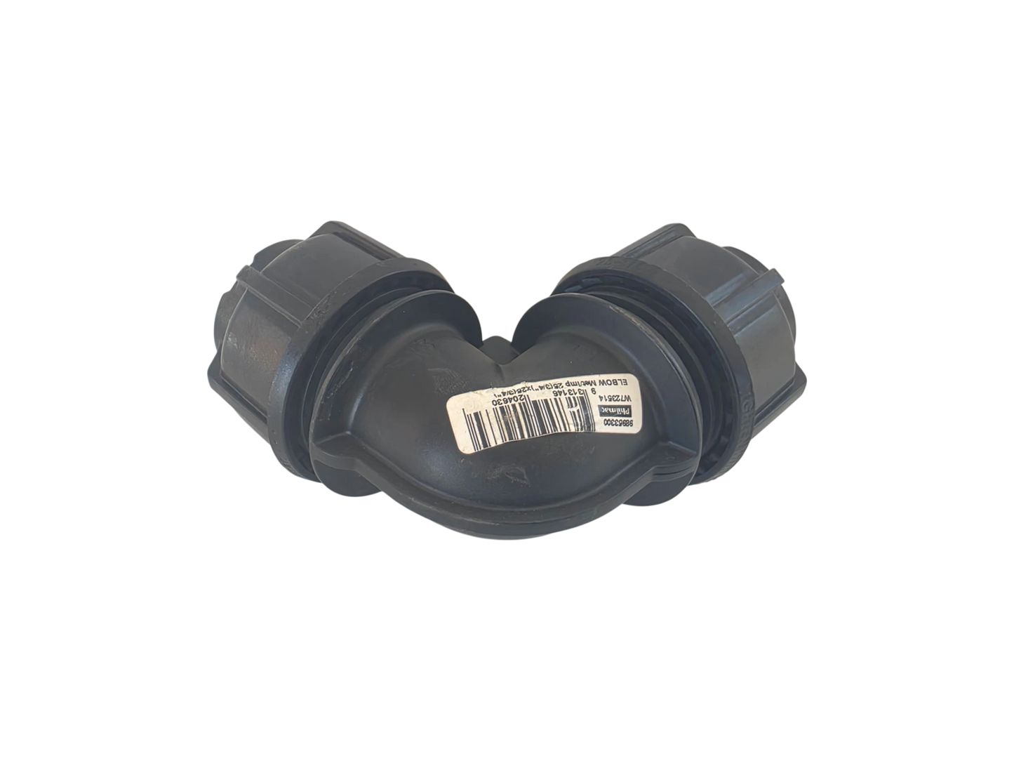A black plastic elbow pipe fitting with a white barcode label in the center, isolated on a white background.