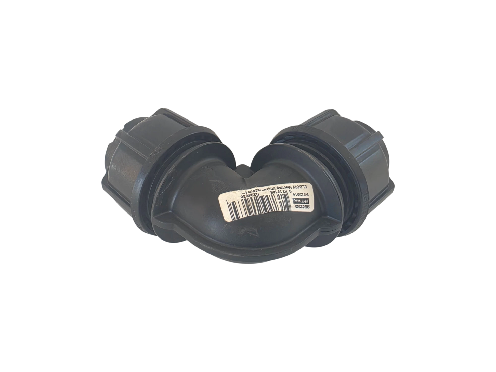A black plastic elbow pipe fitting with a white barcode label in the center, isolated on a white background.