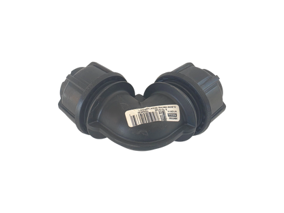 A black plastic elbow pipe fitting with a white barcode label in the center, isolated on a white background.
