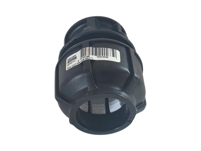 A black plastic plumbing fitting or connector with a white barcode label on the side, shown against a plain white background.