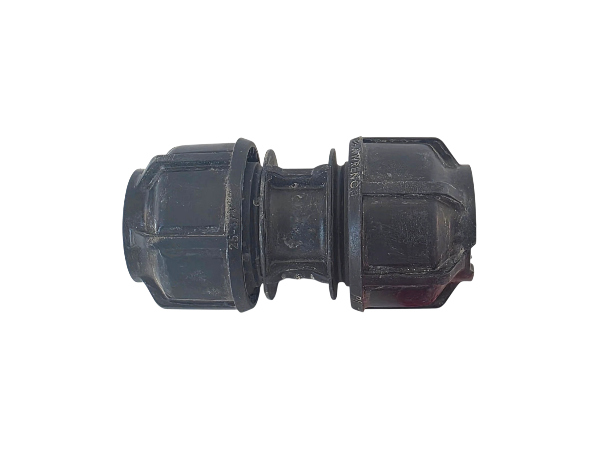 A black plastic male connector fitting with a ribbed outer body and a threaded center section, shown against a plain white background.