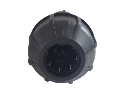 A black plastic circular cap or cover with a textured, rugged design and a hollow center, shown against a plain white background.