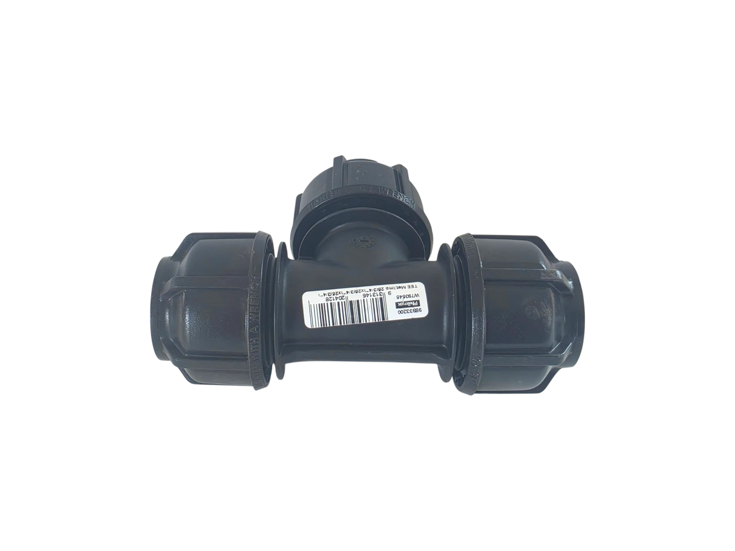 A black plastic T-shaped pipe fitting with threaded connectors on each arm and a white barcode label in the center, isolated on a white background.