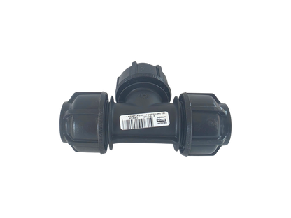 A black plastic T-shaped pipe fitting with threaded connectors on each arm and a white barcode label in the center, isolated on a white background.