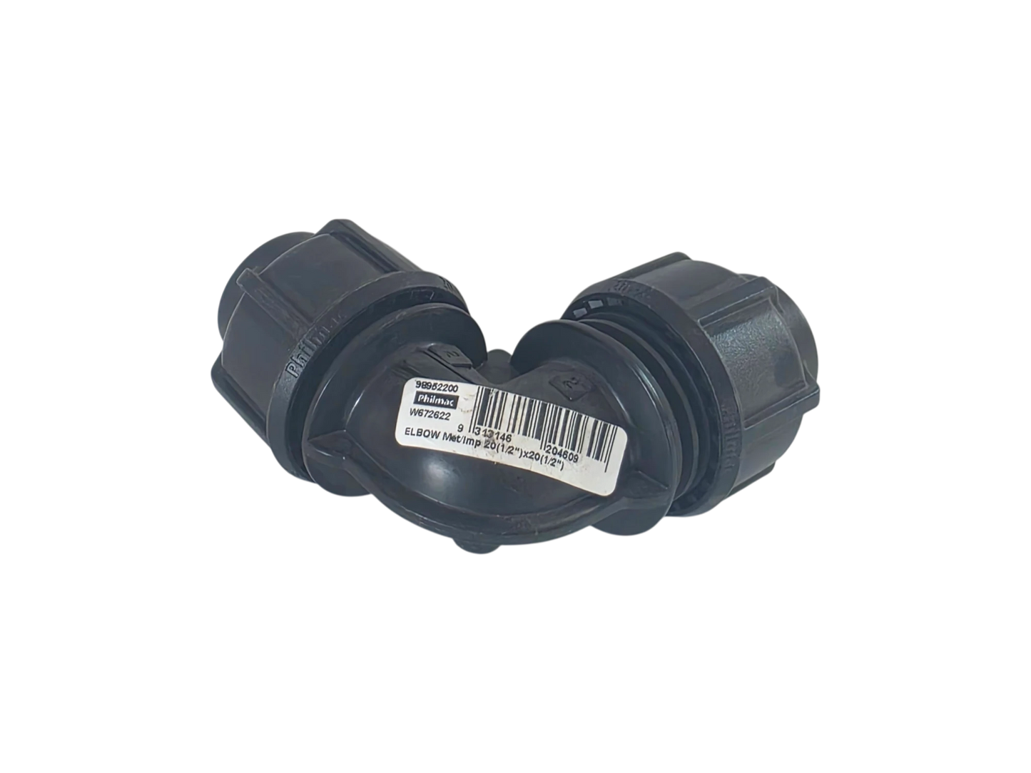 A black plastic 90-degree elbow pipe connector with a white product label in the center, shown on a plain white background.
