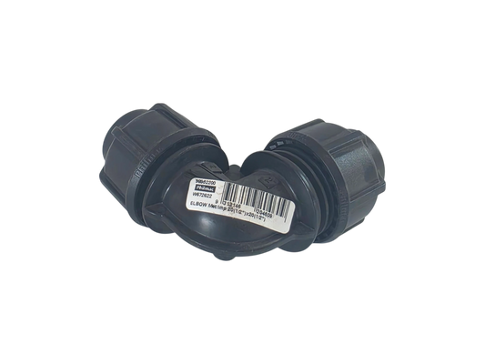A black plastic 90-degree elbow pipe connector with a white product label in the center, shown on a plain white background.