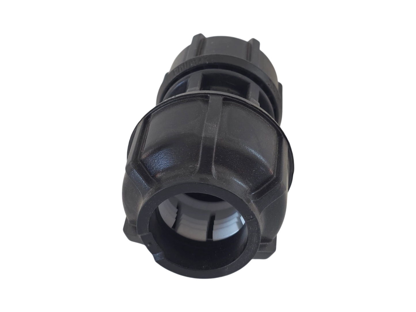 A black plastic marine quick-disconnect hose coupling with a ribbed outer body and a threaded interior, shown on a plain white background.