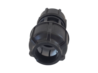 A black plastic marine quick-disconnect hose coupling with a ribbed outer body and a threaded interior, shown on a plain white background.
