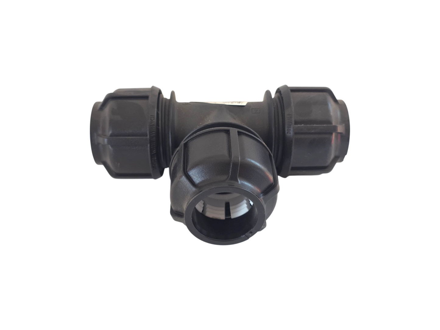 A black plastic T-shaped pipe fitting with threaded connectors on each arm, isolated on a white background.