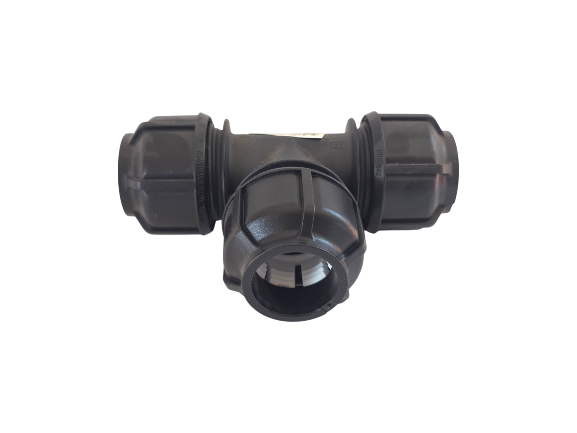 A black plastic T-shaped pipe fitting with threaded connectors on each arm, isolated on a white background.