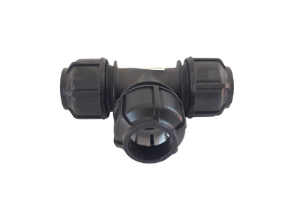 A black plastic T-shaped pipe fitting with threaded connectors on each arm, isolated on a white background.