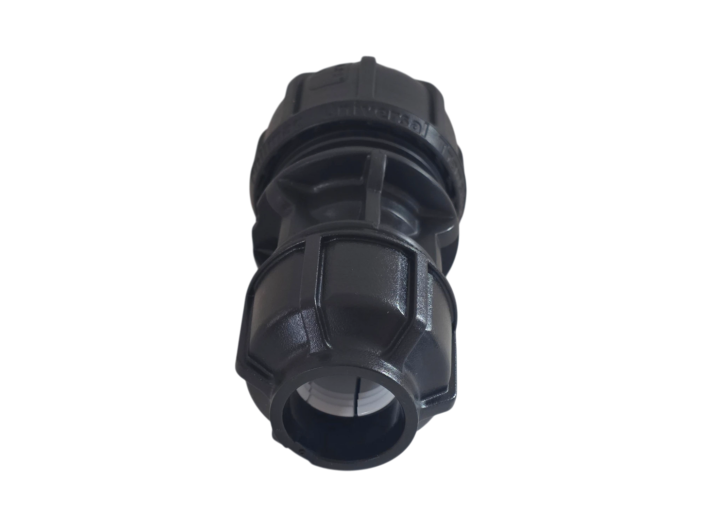 A black plastic threaded connector fitting, likely for plumbing or irrigation systems, shown against a plain white background.