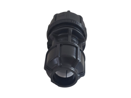 A black plastic threaded connector fitting, likely for plumbing or irrigation systems, shown against a plain white background.