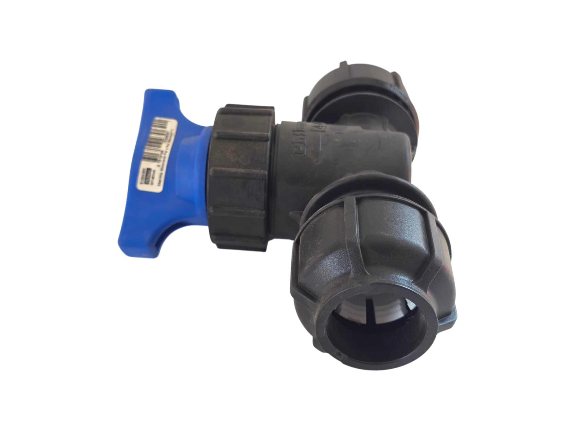 A black plastic plumbing tee fitting with a blue T-shaped handle and a white barcode label, isolated on a white background.