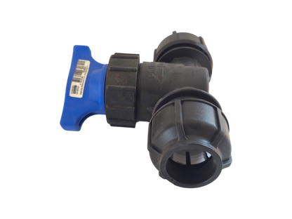 A black plastic plumbing tee fitting with a blue T-shaped handle and a white barcode label, isolated on a white background.