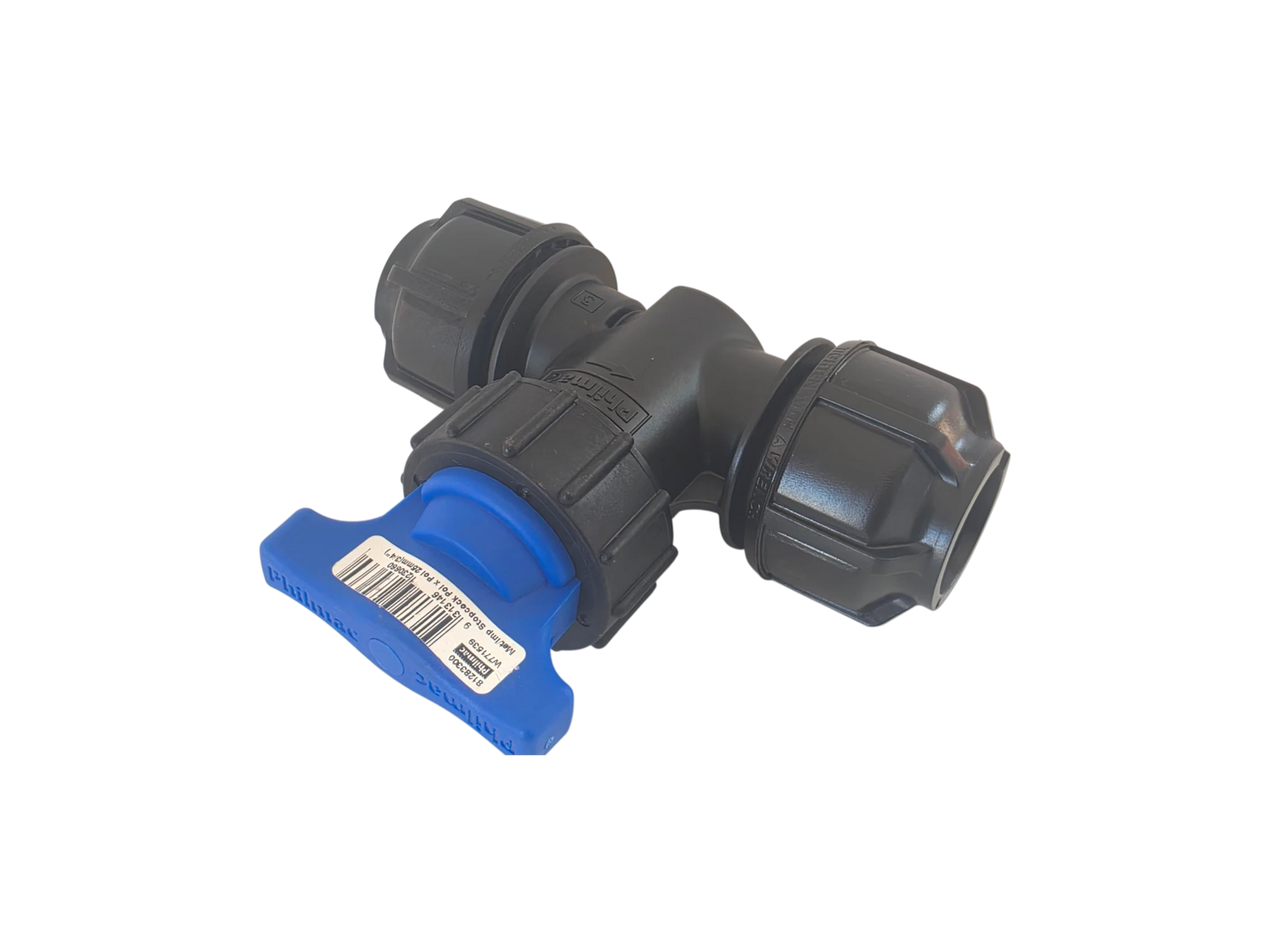A black plastic T-shaped pipe fitting with a blue T-handle valve, shown on a plain white background.