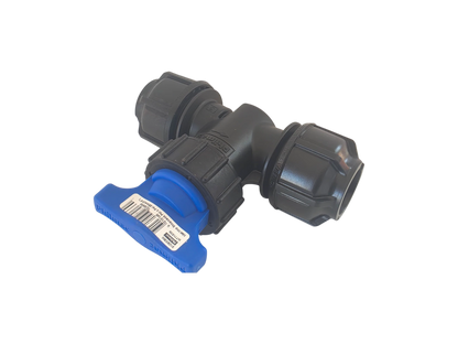 A black plastic T-shaped pipe fitting with a blue T-handle valve, shown on a plain white background.