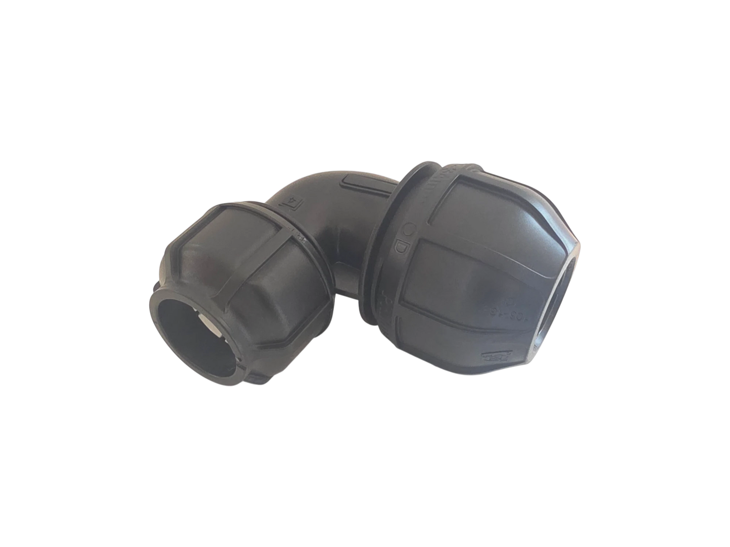 A black plastic 90-degree elbow pipe connector with threaded ends, isolated on a white background.