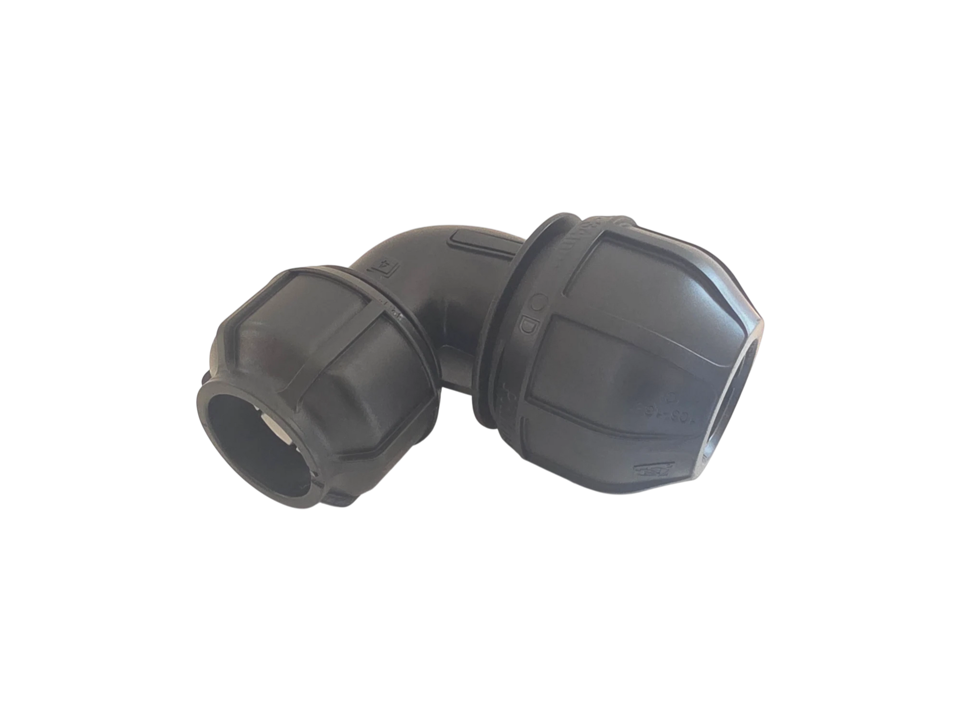 A black plastic 90-degree elbow pipe connector with threaded ends, isolated on a white background.