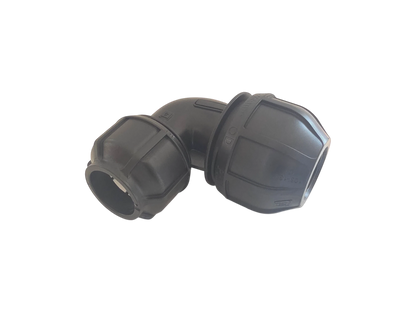 A black plastic 90-degree elbow pipe connector with threaded ends, isolated on a white background.