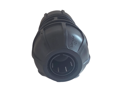 A black plastic outdoor faucet body or spout fitting, shown from a top-down perspective on a solid white background.