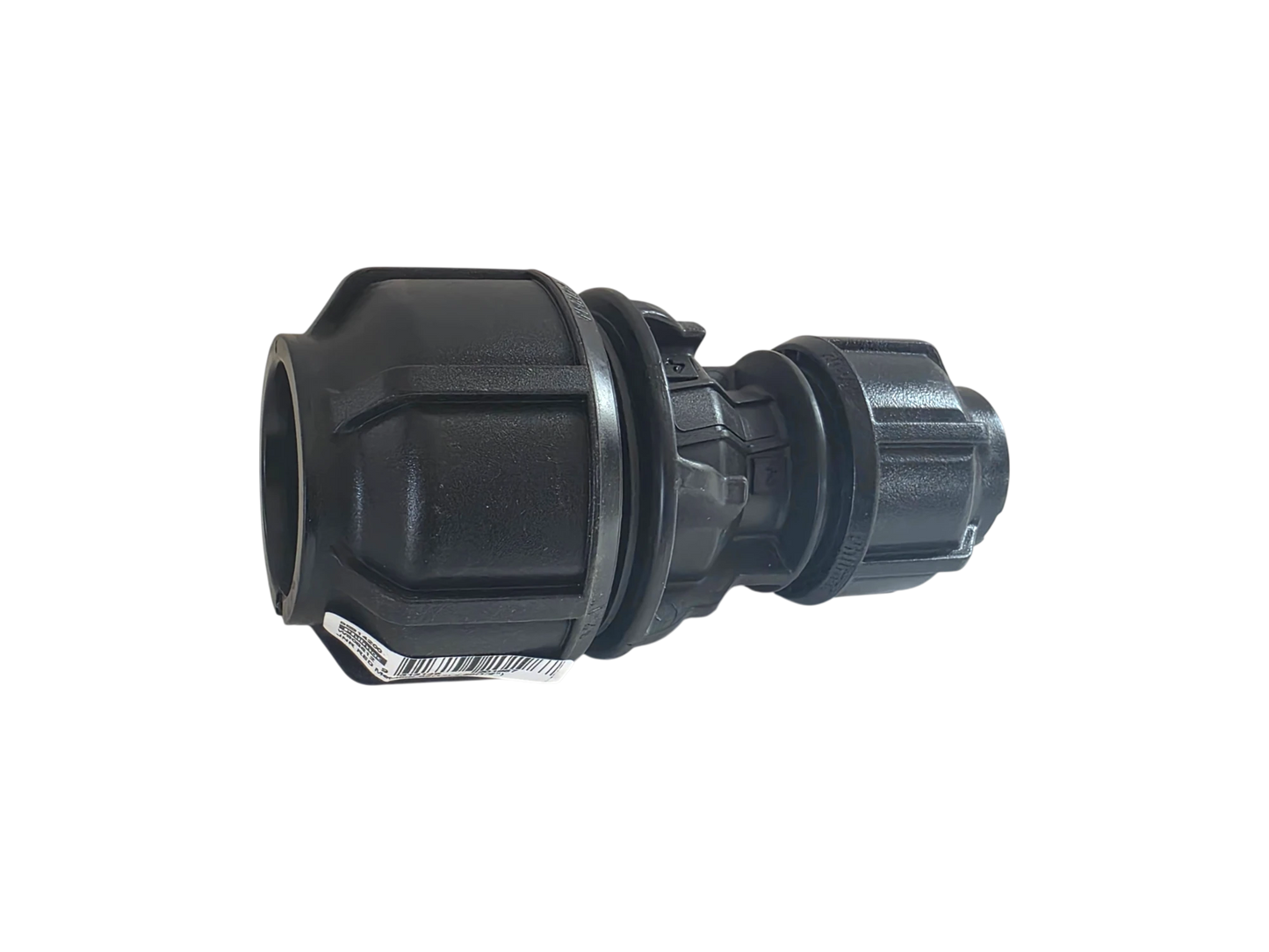 A black plastic outdoor hose connector fitting with a threaded end and a barcode sticker on the side, isolated on a white background.