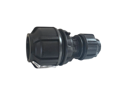 A black plastic outdoor hose connector fitting with a threaded end and a barcode sticker on the side, isolated on a white background.