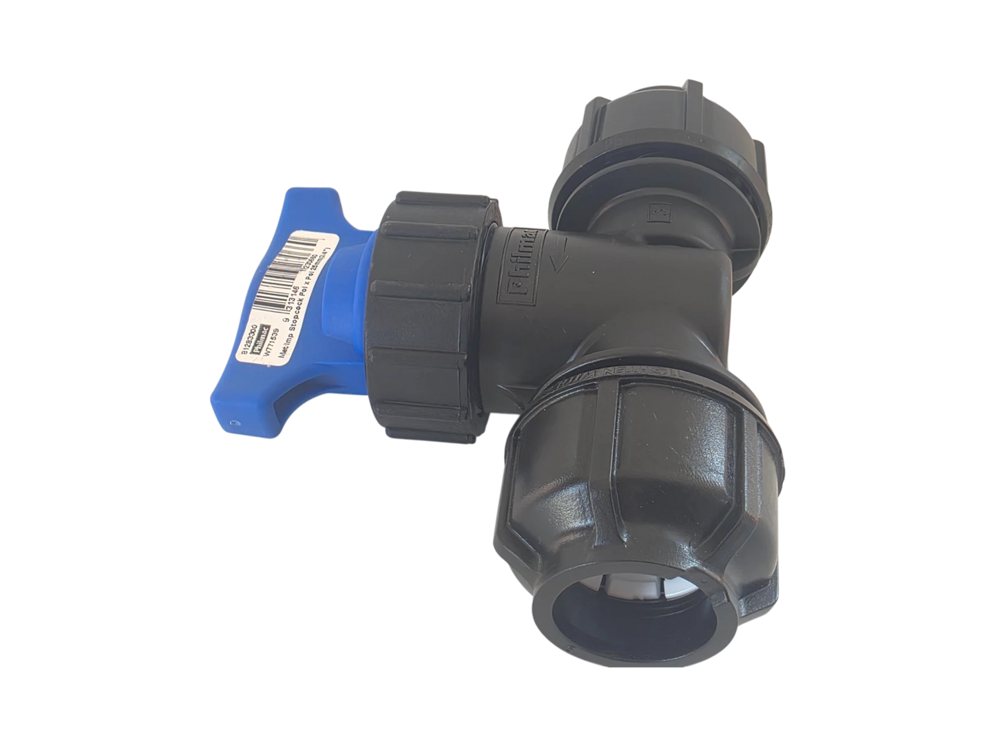 A black plastic T-shaped pipe fitting with a blue hand valve and a white barcode label, shown on a plain white background.