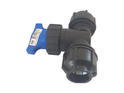 A black plastic T-shaped pipe fitting with a blue hand valve and a white barcode label, shown on a plain white background.