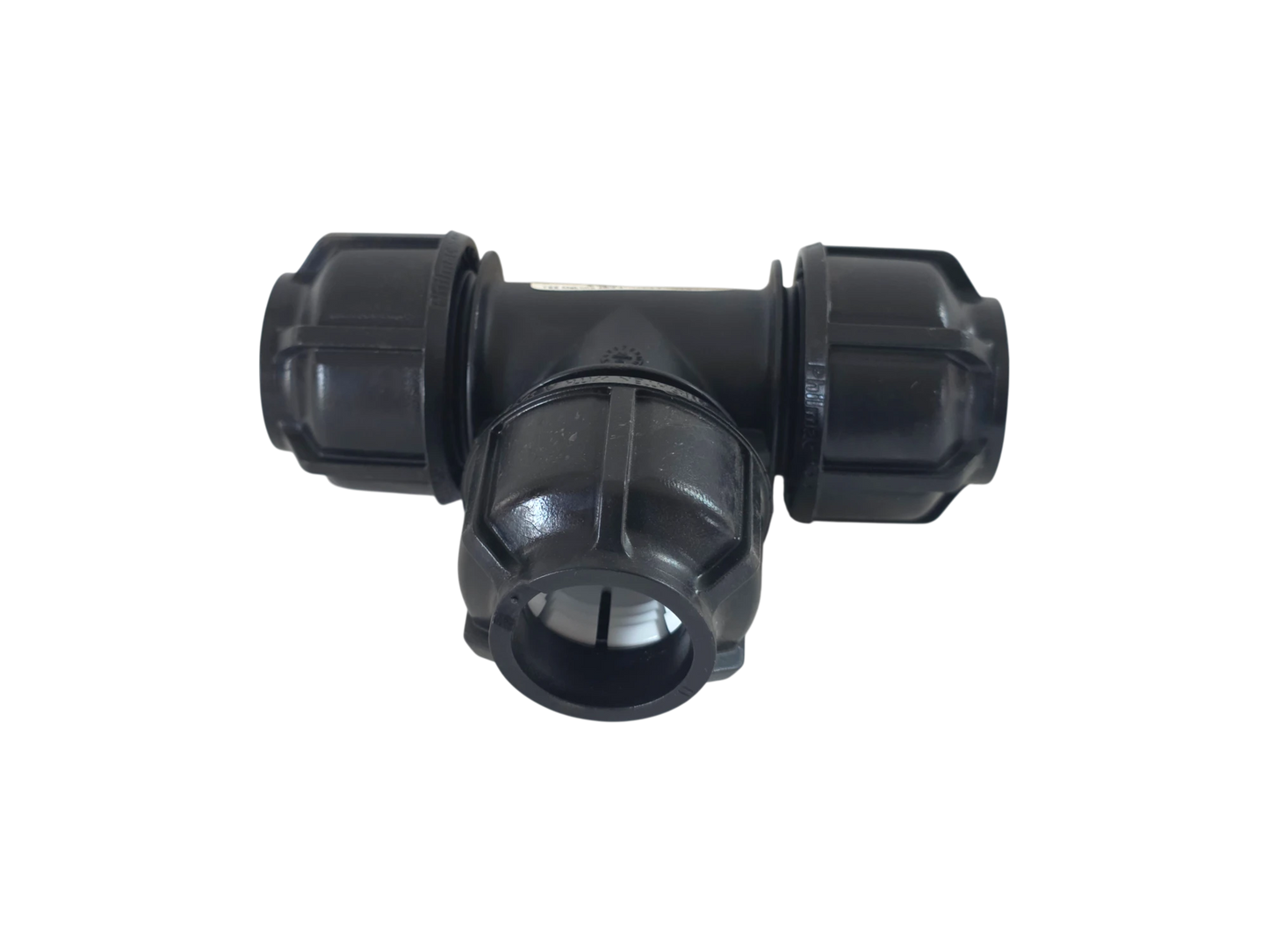 A black plastic T-shaped pipe connector with a threaded center outlet and two side couplings, isolated on a white background.