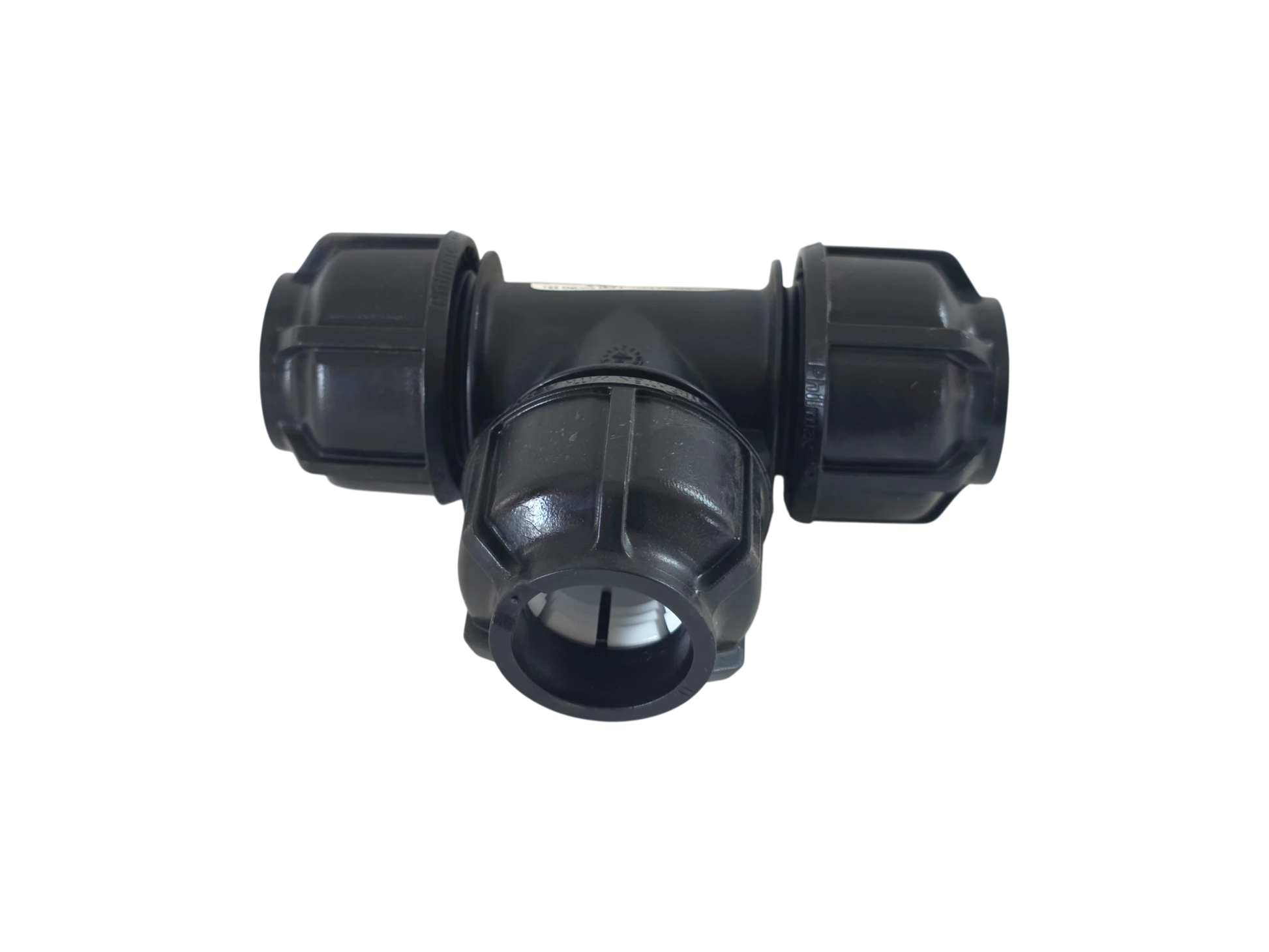A black plastic T-shaped pipe connector with a threaded center outlet and two side couplings, isolated on a white background.