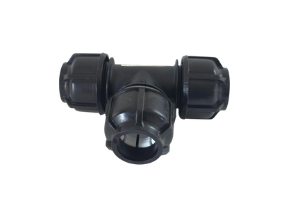 A black plastic T-shaped pipe connector with a threaded center outlet and two side couplings, isolated on a white background.