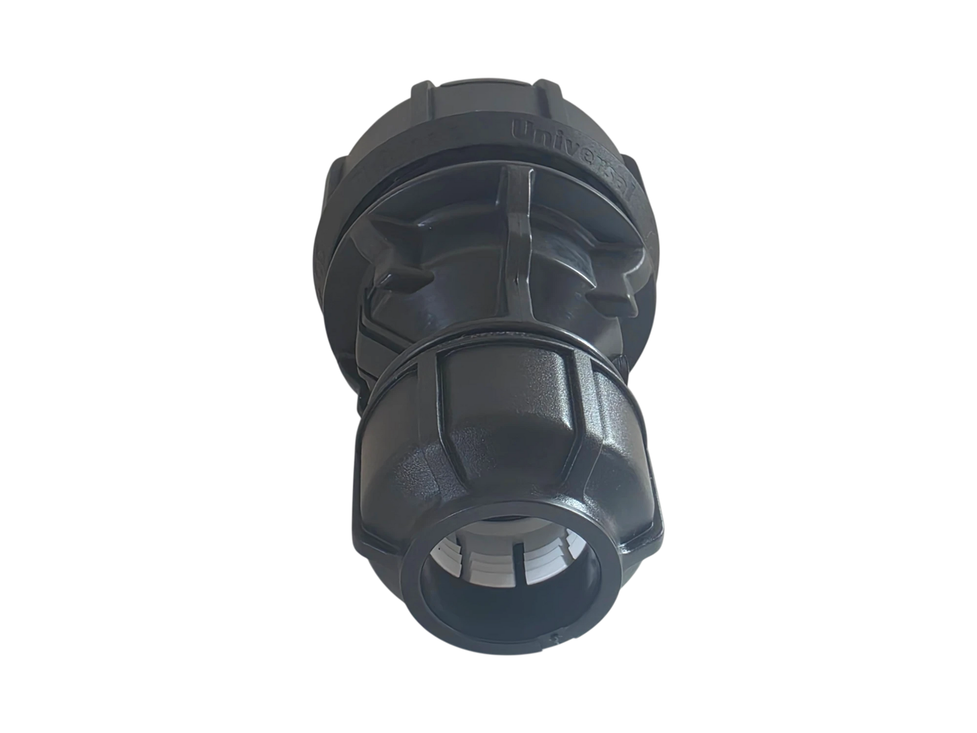 A black plastic universal hose connector with a ribbed design and a threaded end, shown on a plain white background.