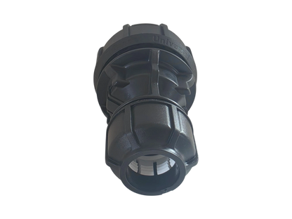A black plastic universal hose connector with a ribbed design and a threaded end, shown on a plain white background.
