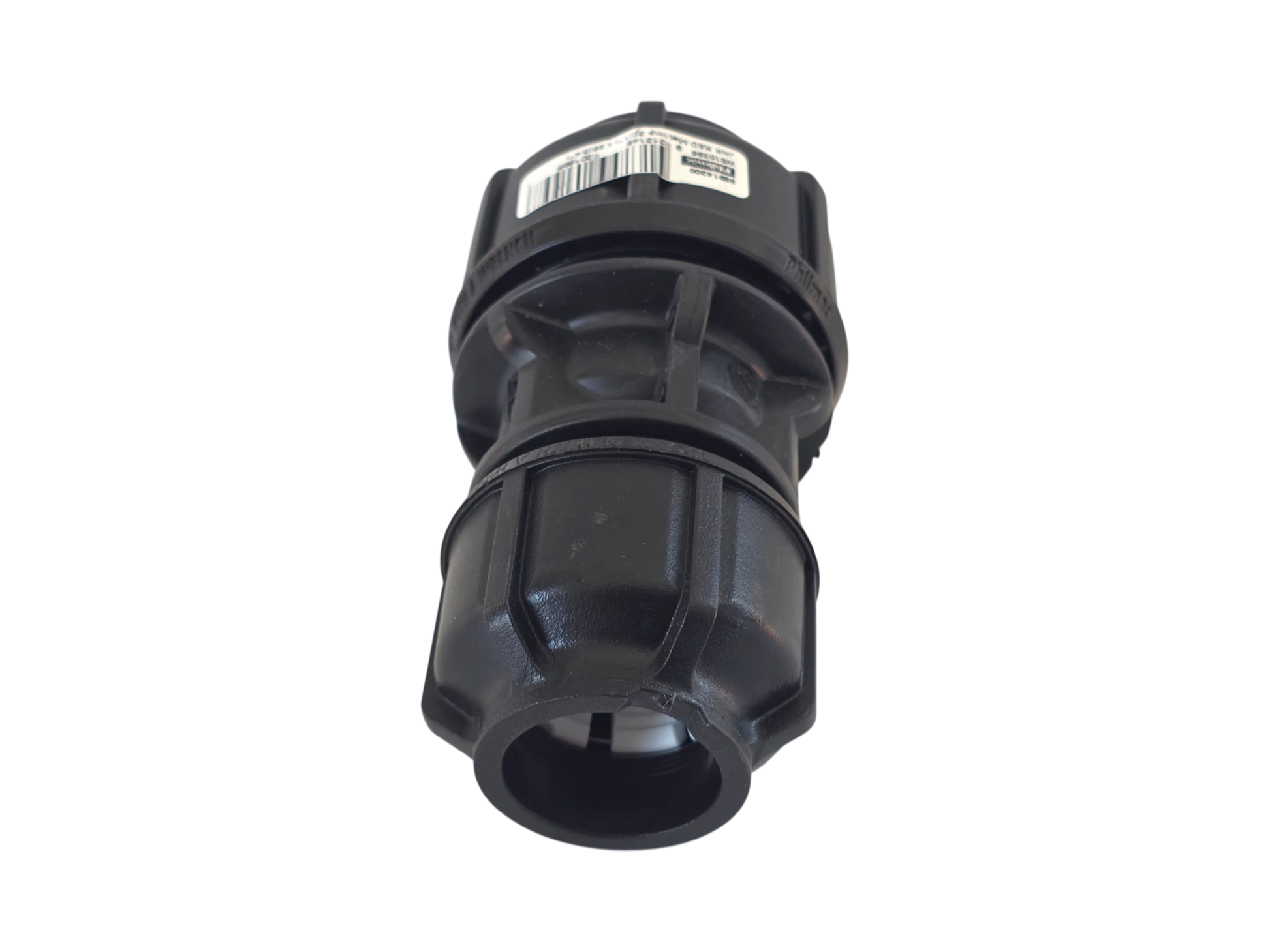 A black plastic outdoor faucet adapter or connector with a barcode label on top, shown against a plain white background.