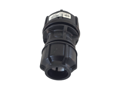 A black plastic outdoor faucet adapter or connector with a barcode label on top, shown against a plain white background.
