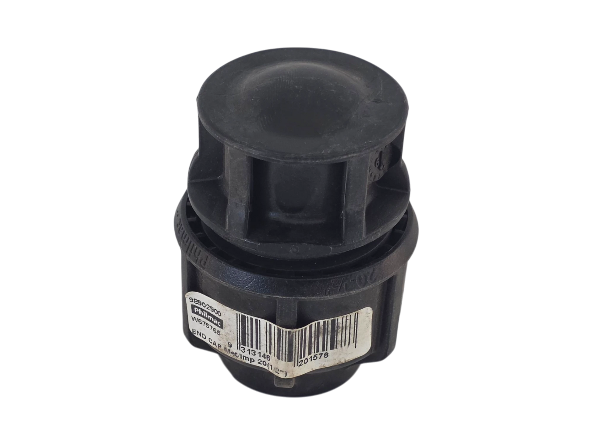 A black plastic cylindrical component, likely a plumbing or drainage valve fitting, featuring a barcode label on its side, set against a plain white background.