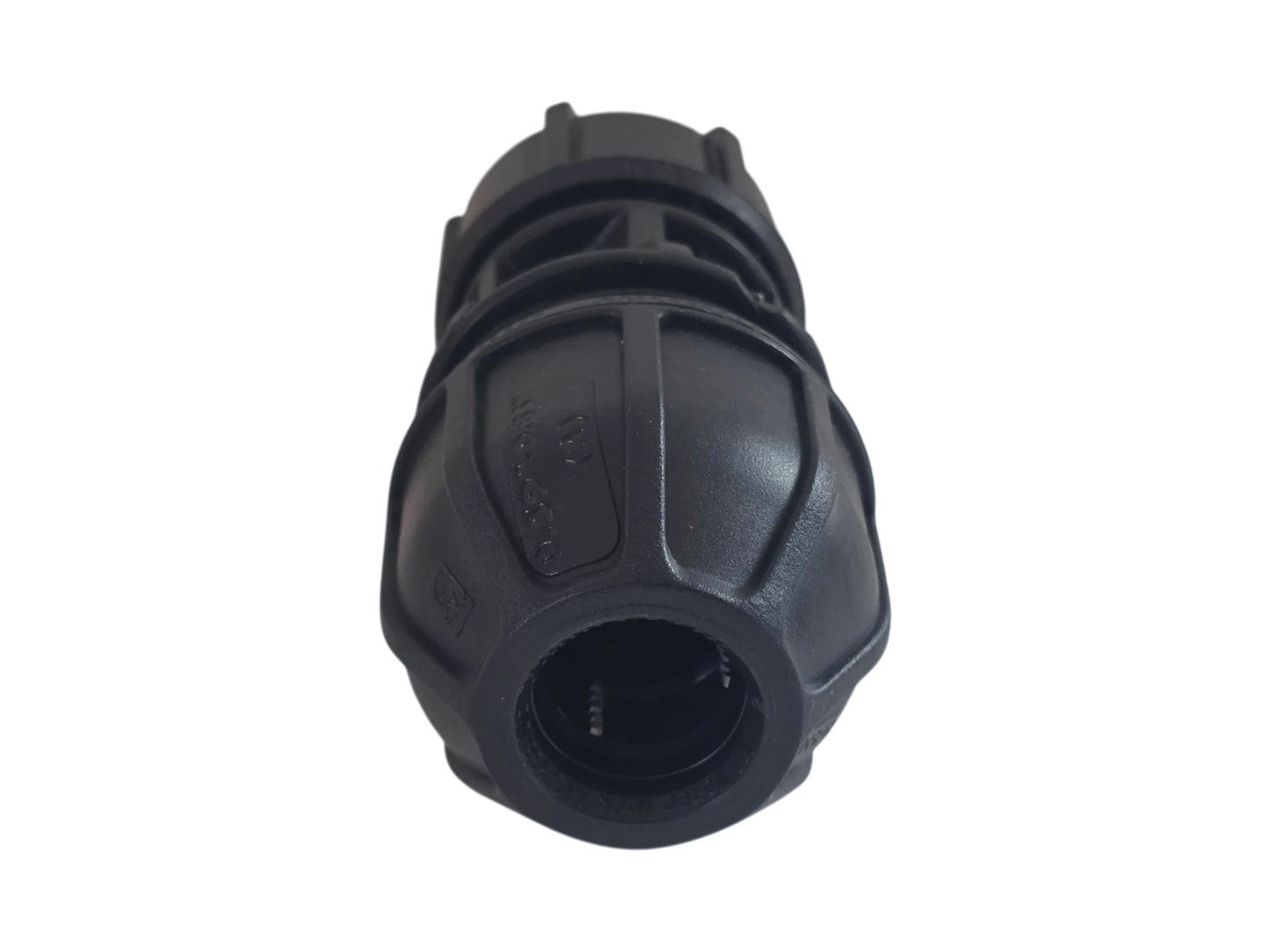 A black plastic garden hose connector fitting, shown from the front against a plain white background.