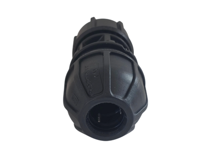 A black plastic garden hose connector fitting, shown from the front against a plain white background.