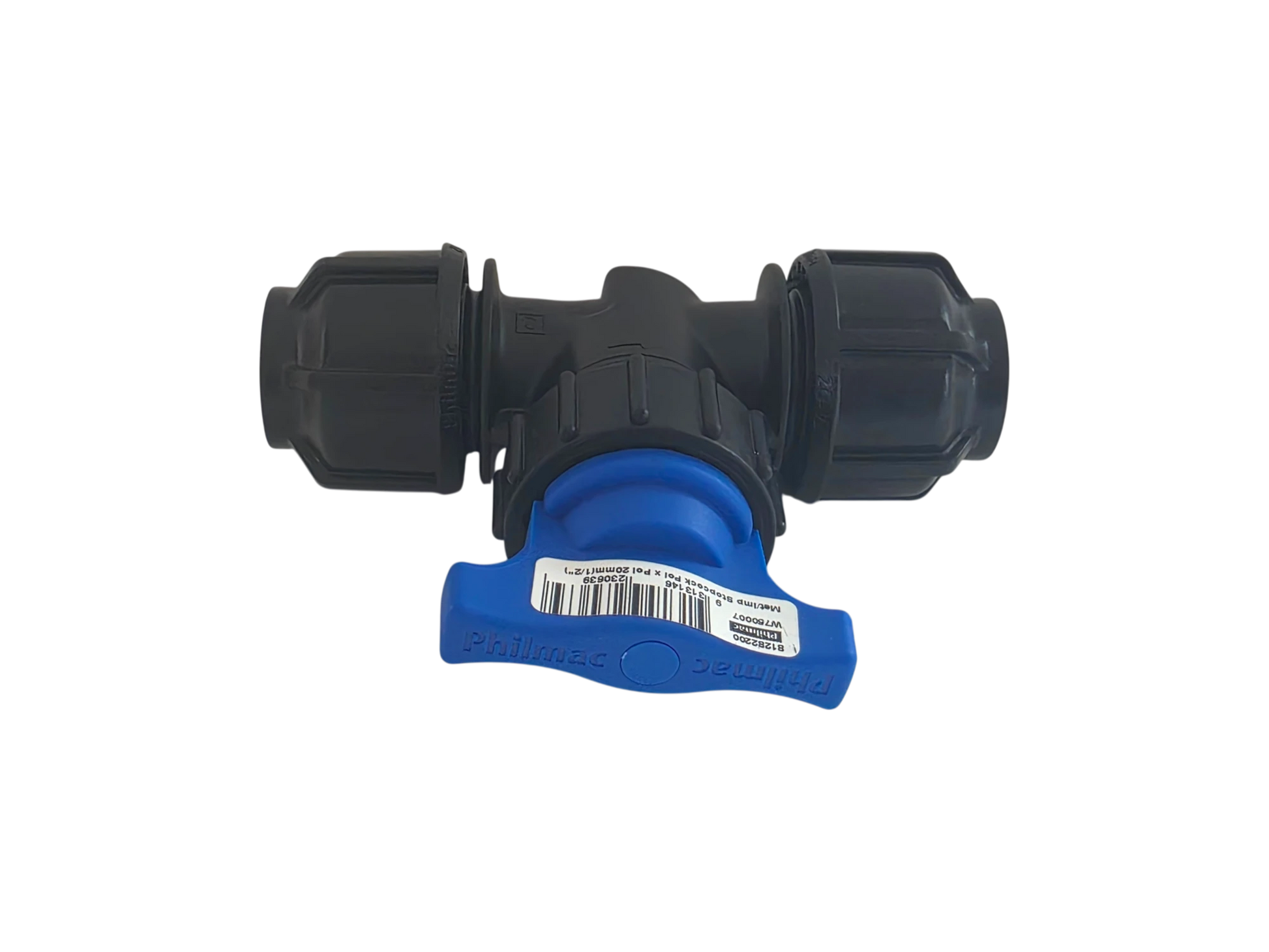 A black plastic inline valve with a blue T-handle and a white barcode label, shown on a plain white background.