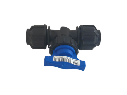 A black plastic inline valve with a blue T-handle and a white barcode label, shown on a plain white background.