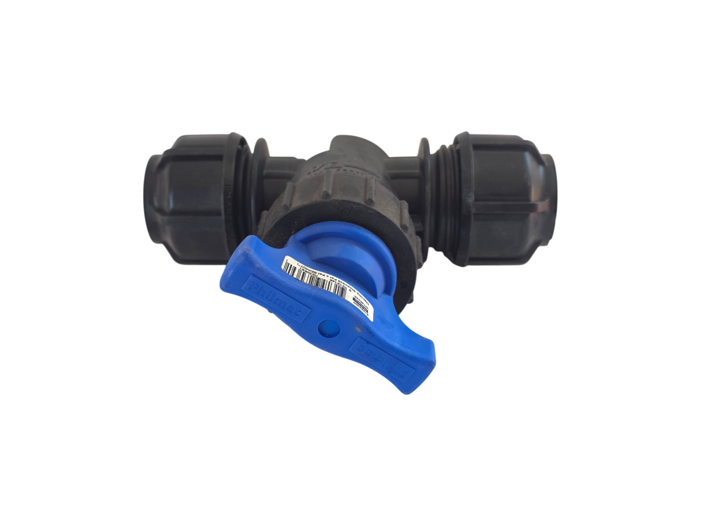 A black plastic ball valve with a blue handle, shown on a solid white background.