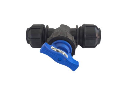 A black plastic ball valve with a blue handle, shown on a solid white background.