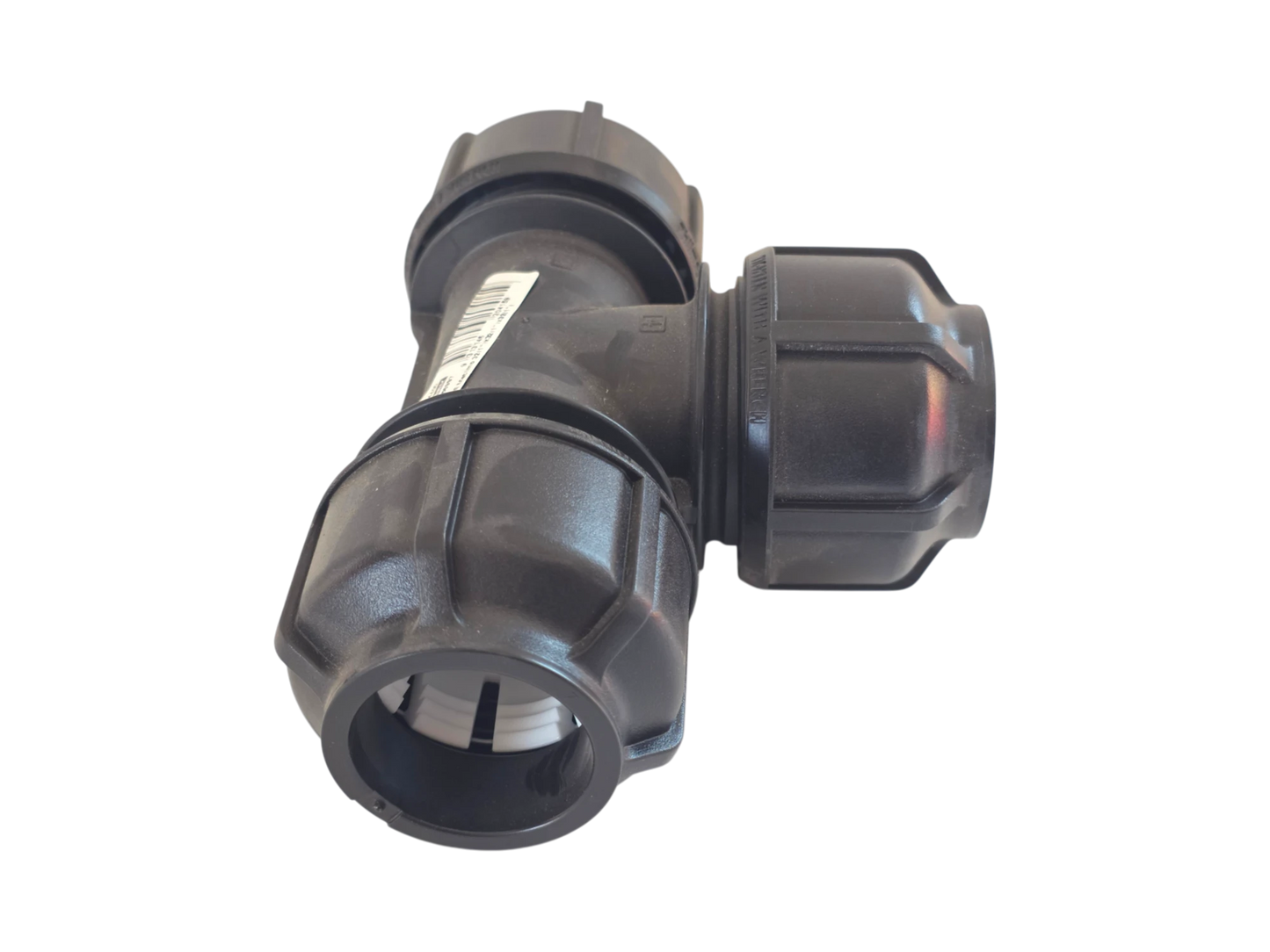 A black plastic T-shaped pipe fitting with a threaded connection on one side and a ribbed connector on the other, shown on a plain white background.