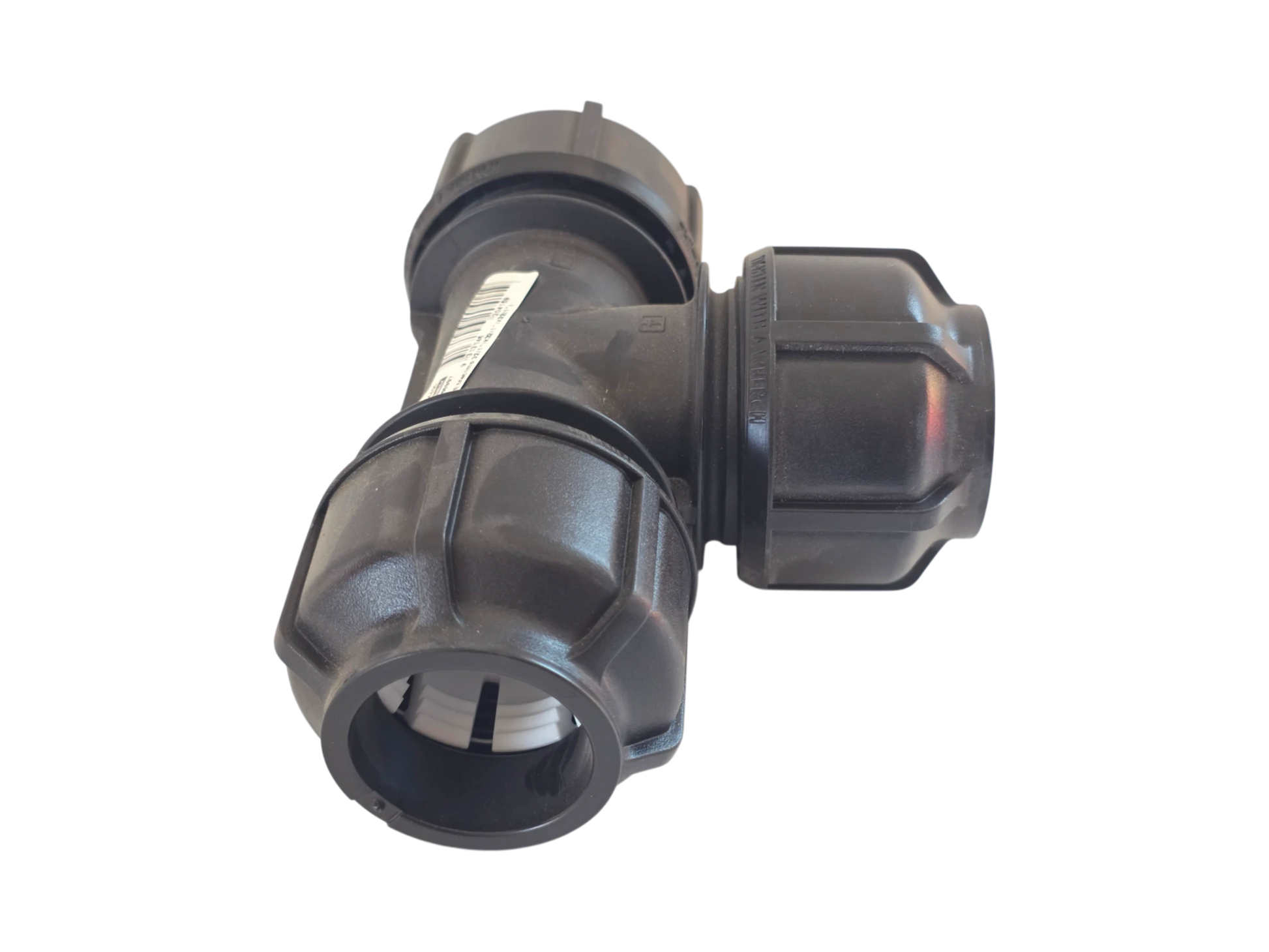 A black plastic T-shaped pipe fitting with a threaded connection on one side and a ribbed connector on the other, shown on a plain white background.