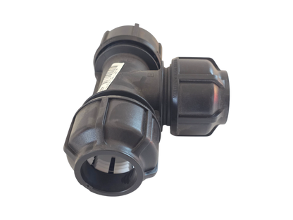 A black plastic T-shaped pipe fitting with a threaded connection on one side and a ribbed connector on the other, shown on a plain white background.