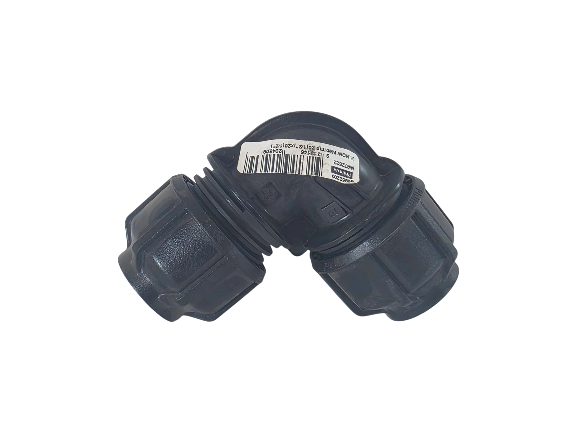 A black plastic 90-degree elbow connector with threaded ends, featuring a white barcode label on the top surface, set against a plain white background.
