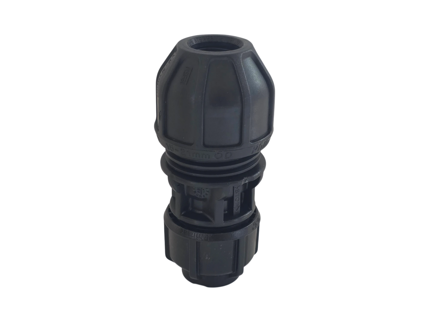 A black plastic hose connector fitting with a ribbed, threaded design, shown on a plain white background.