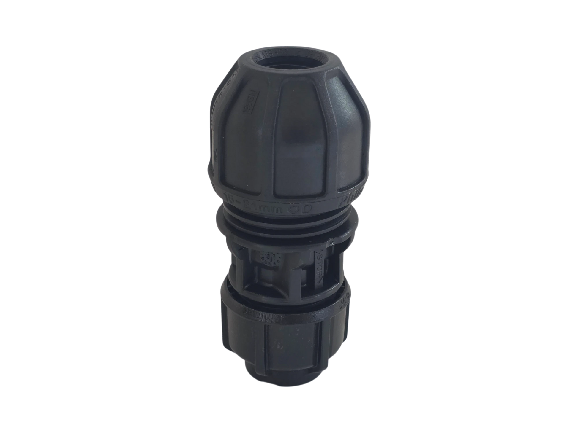 A black plastic hose connector fitting with a ribbed, threaded design, shown on a plain white background.